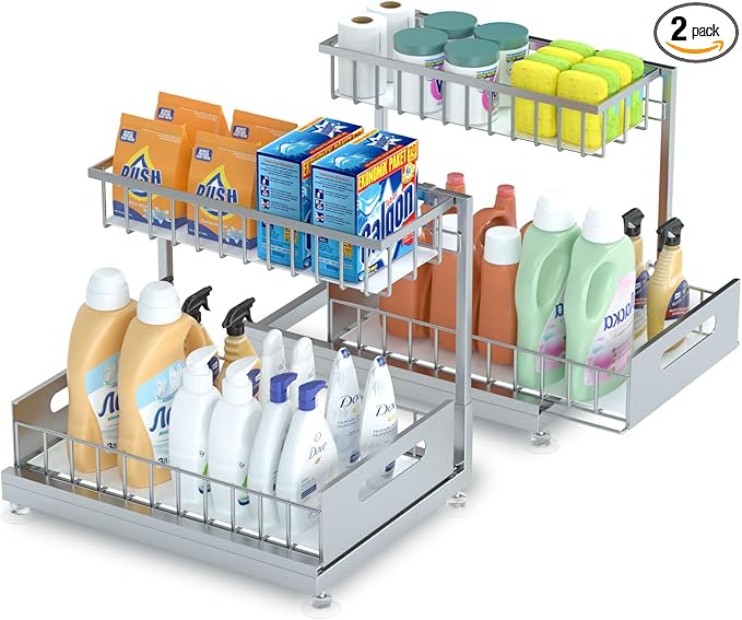 Under Sink Organizer Storage 2-Tier Premium Metal Pull-Out Kitchen Cabinet Organizer with Sliding Drawer, Height Adjustable, Heavy Duty for Kitchen & Bathroom Organizers 2 Pack Grey