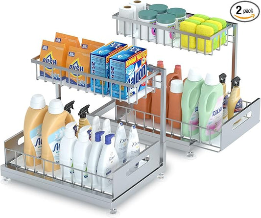 Under Sink Organizer Storage 2-Tier Premium Metal Pull-Out Kitchen Cabinet Organizer with Sliding Drawer, Height Adjustable, Heavy Duty for Kitchen & Bathroom Organizers 2 Pack Grey
