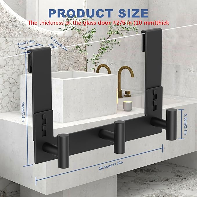 WUIVIUT Over The Door Hooks, Towel Racks for Bathroom, Glass Shower Door, Heavy Duty Rack Hooks for Robe, Coat (3 Hook, Fits 3/8'' Thick)