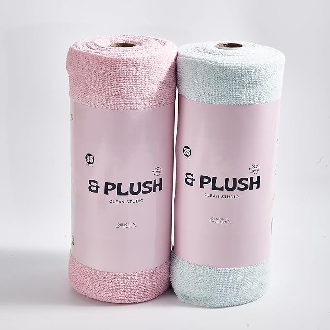 & PLUSH Microfiber Cleaning Cloth Roll - 70 Pack, Tear Away Microfiber Towels, 12" x 12", Reusable, Washable, Streak Free, Ultra Absorbent Dish Rags for Car, Home, Garage or Shop (Pink and Blue)