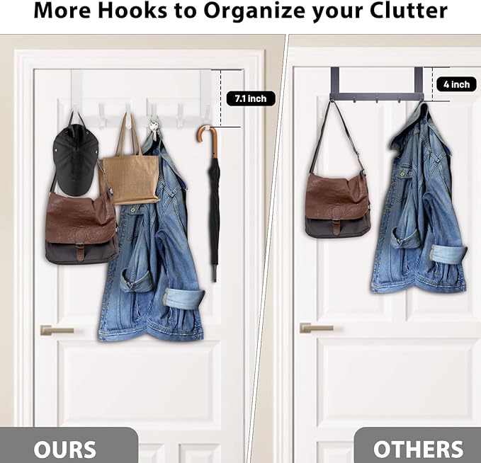 Over The Door Hooks, Door Hanger Hooks for Hanging, Over The Doors Towel Racks for Bathroom with 12 Coat Hook, Coat Rack Bathroom Accessories（1 Pack, White）