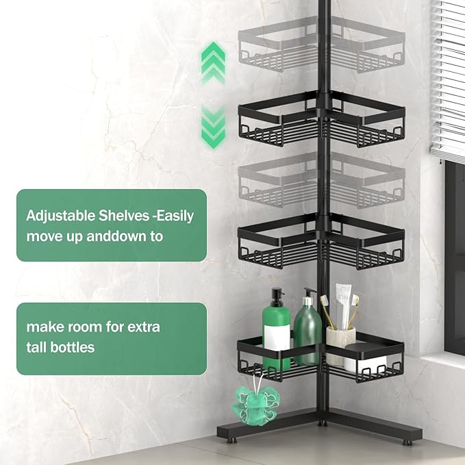 Floor Corner Shower Caddy, 3-Tier Rustproof Shower Shelf Organizer with Hooks, Free-Standing Bathroom Storage Rack for Shampoo & Toiletries, Black