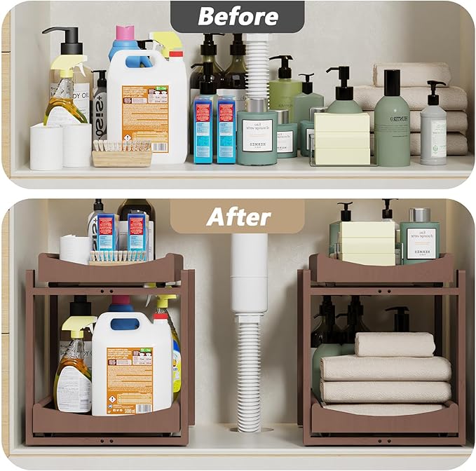 Bamboo Under Sink Organizer Adjustable Height 2 Tier Bathroom Organizer Pull Out Cabinet Storage Kitchen Heave Duty Wood Slide Ou Shelf for Kitchen Bathroom (Black, 2 Packs) (Brown, 2 Packs)