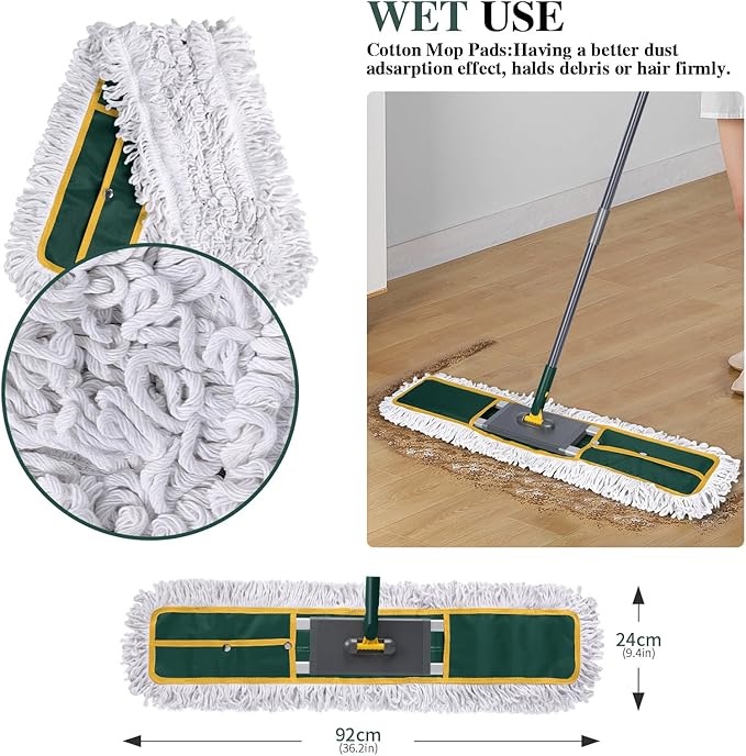 36" Commercial Mop, Masthome Heavy Duty Industrial Mop for Floor Cleaning,Commercial Dust Mop with 3 Reusable Pads,60”Long Handle Wet Dry Flat Mops for Hardwood Floors, Marble, Laminate, Tile(Green)