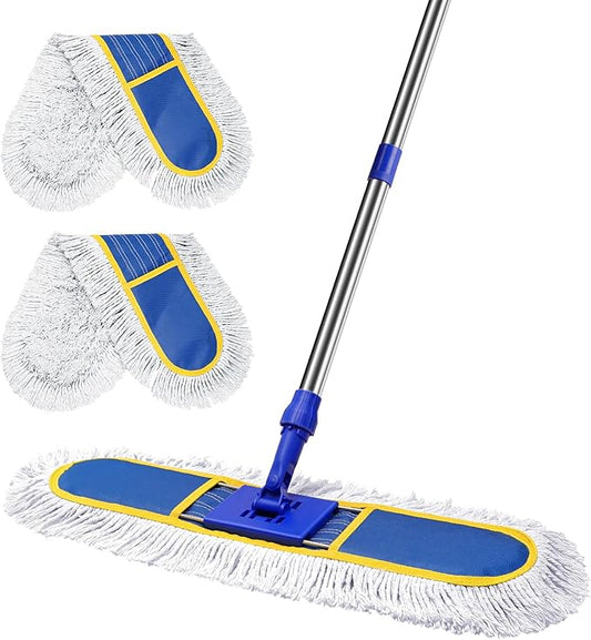 29.5" Commercial Dust Mop for Floor Cleaning,Heavy Duty Floor Duster with 2 Cotton Reusable Mop Pads,61” Long Handle Wet Dry Flat Mops for Hardwood Floors,Marble, Laminate,Tile,Concrete,Garage (Blue)