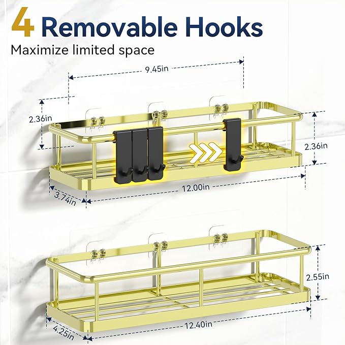 YASONIC Shower Caddy Adhesive, No Drill Bathroom Shower Organizers, with Removable Hooks, Rust Proof Shower Shelves, Wall-Mounted Shower Holder, 2 Pack Gold