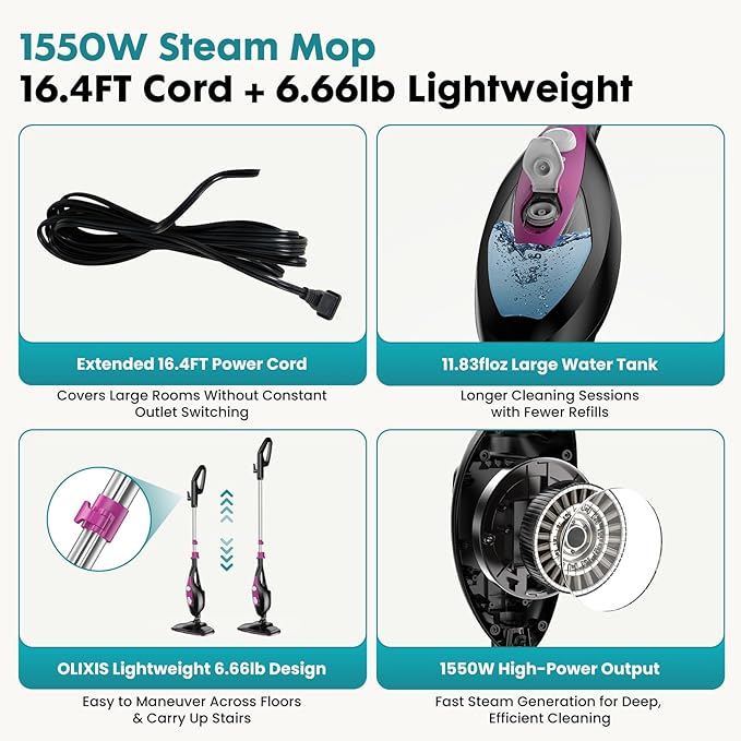 OLIXIS 10-in-1 Steam Mop, 1550W Detachable Handheld Steam Cleaner for Floor Cleaning, 16FT Cord, 2 Washable Pads, Multi-Purpose Floor Steamer for Hardwood, Carpet, Tile, Grout, Windows, Black Pink