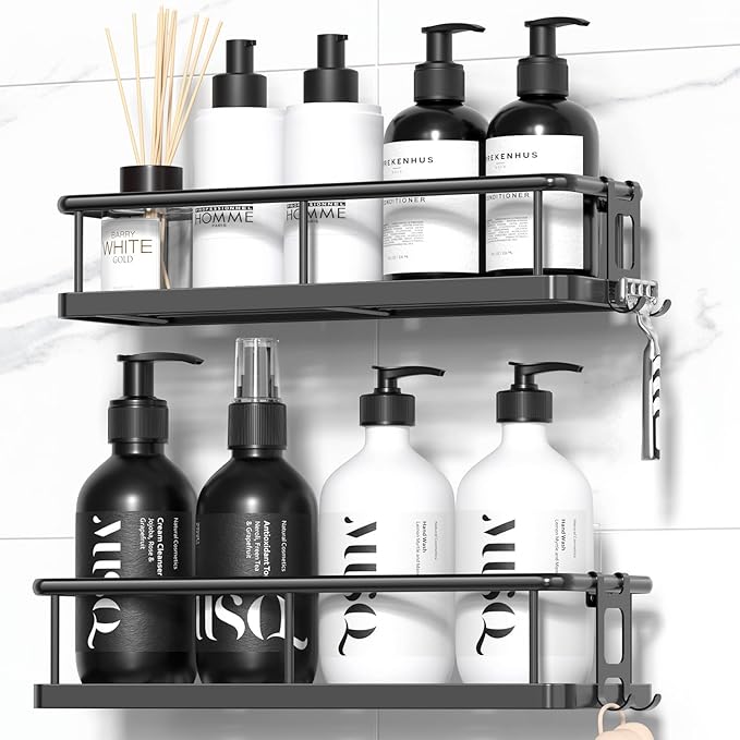 YASONIC Shower Caddy Adhesive, Rustproof Shower Shelves for Inside Shower, Large Capacity Bathroom Organizers and Storage, Shower Storage with Removable Hooks, No Drill Bathroom Accessories Black