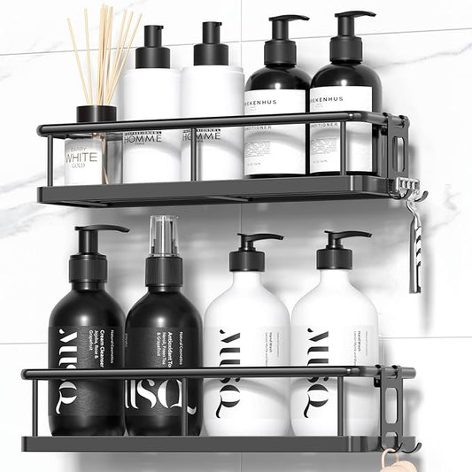 YASONIC Shower Caddy Adhesive, Rustproof Shower Shelves for Inside Shower, Large Capacity Bathroom Organizers and Storage, Shower Storage with Removable Hooks, No Drill Bathroom Accessories Black