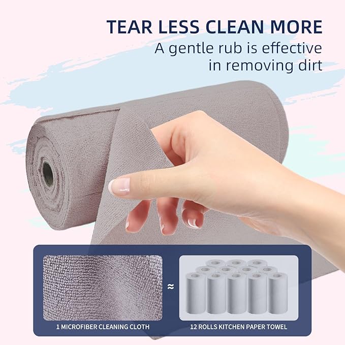 & PLUSH Microfiber Cleaning Cloth Roll - 100 Pack, Tear Away Microfiber Towels, 12" x 12", Reusable, Washable, Streak Free, Ultra Absorbent Dish Rags for Car, Home, Garage or Shop (Grey)