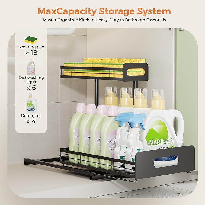 Delamu 2 Pack Metal Bathroom Organizers and Storage, 2 Tier Pull Out Under Sink Organizer for Kitchen Bathroom, Adjustable Under Sink Shelf for Multipurpose Cabinet Organizer, Black