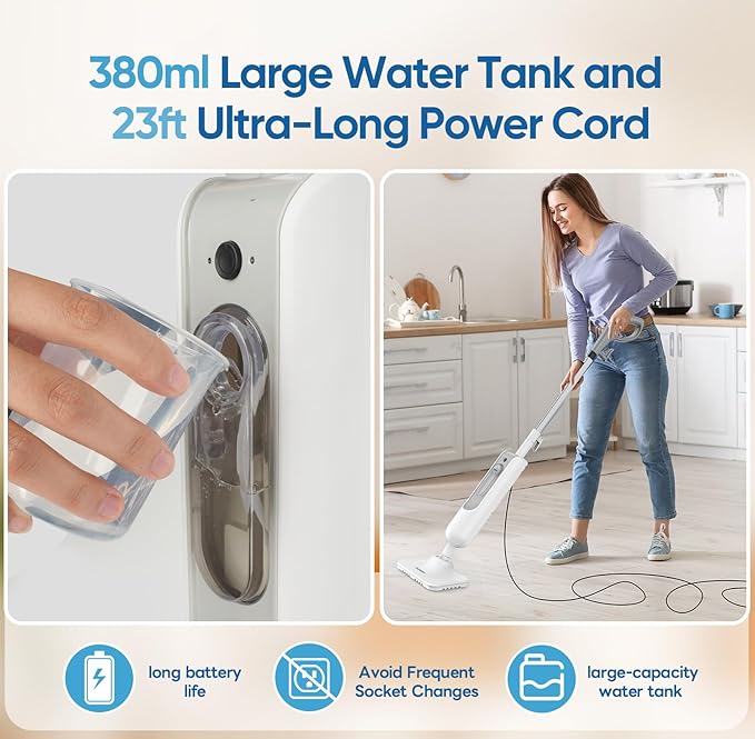 Steam Mop All-in-one Multi-Functional Powerful Steam Cleaner, Handheld Detachable Floor Steamer with 2 Steam Level, 380ML Water Tank & 23FT Power Cord for Whole Home Use（White
