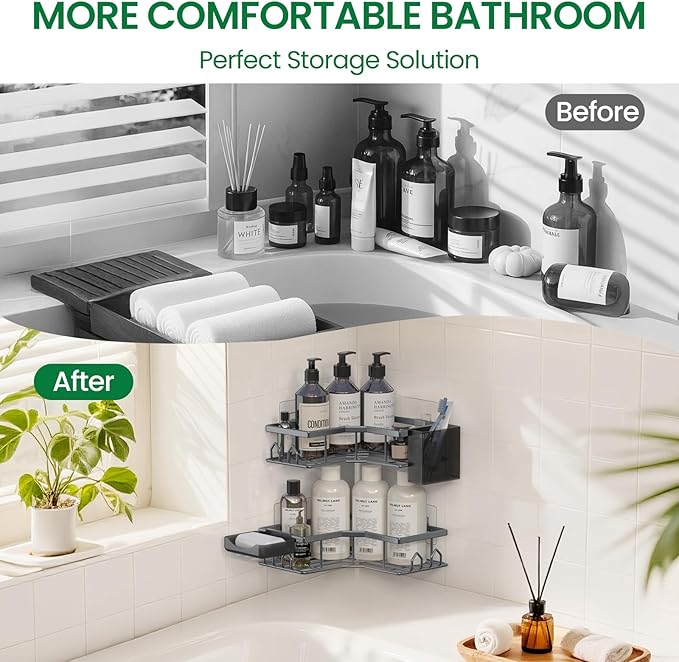 Adhesive Shower Caddy, 4 Pack Corner Bath Organizer, Rustproof Stainless Steel Shower Shelves with Large Capacity, No Drilling Shelves for Bathroom Storage, Home, Kitchen Decor (Dark Grey).