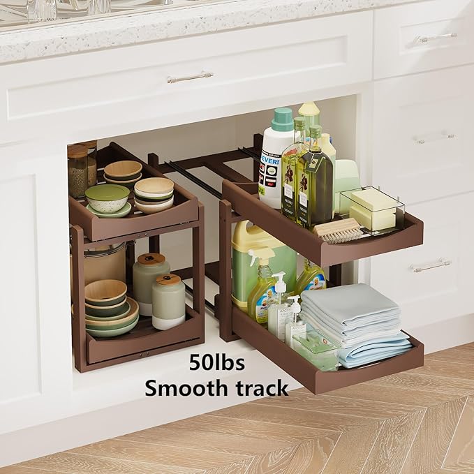 Bamboo Under Sink Organizer Adjustable Height 2 Tier Bathroom Organizer Pull Out Cabinet Storage Kitchen Heave Duty Wood Slide Ou Shelf for Kitchen Bathroom (Black, 2 Packs) (Brown, 2 Packs)