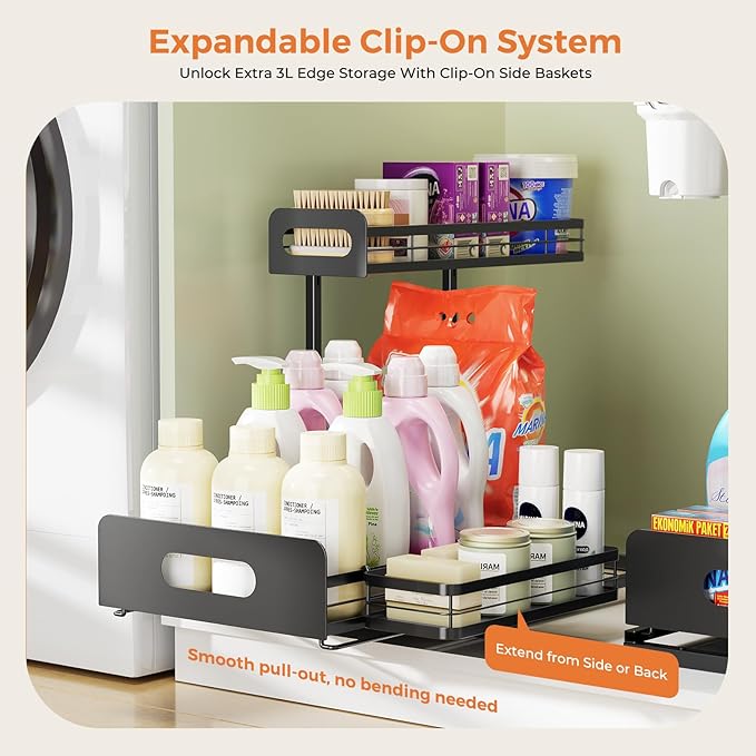 Delamu 2 Pack Metal Bathroom Organizers and Storage, 2 Tier Pull Out Under Sink Organizer with 2 Small Baskets, Adjustable Under Sink Shelf for Multipurpose Cabinet Organizer, Black