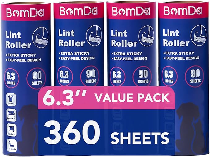 Extra Sticky Large Surface Lint Roller, 6.3'' Giant Lint Roller for Pet Hair, 360 Sheets/ 4 Refills, Long Handle Lint Remover for Clothes, Furniture, Dog & Cat Hair Remover (360 Sheets)