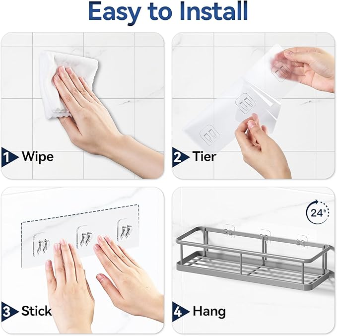 YASONIC Shower Caddy Adhesive, No Drill Bathroom Shower Organizers, with Removable Hooks and Soap Holder, Rust Proof Shower Shelves, Wall-Mounted Shower Holder, 3 Pack, Grey