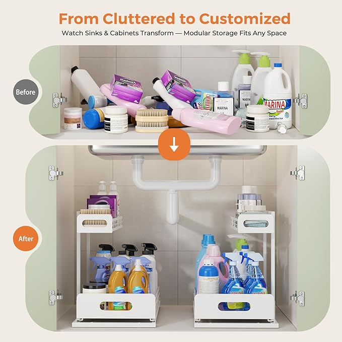 Delamu 2 Pack Metal Bathroom Organizers and Storage, 2 Tier Pull Out Under Sink Organizer for Kitchen Bathroom, Adjustable Under Sink Shelf for Multipurpose Cabinet Organizer, White