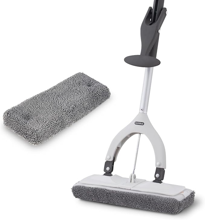 Superio Miracle Microfiber Self-Wringing Flat Mop with Telescopic Handle & Replacement Pad - Lightweight, Heavy-Duty Mop for Hardwood, Tile, Laminate & Walls - Grey