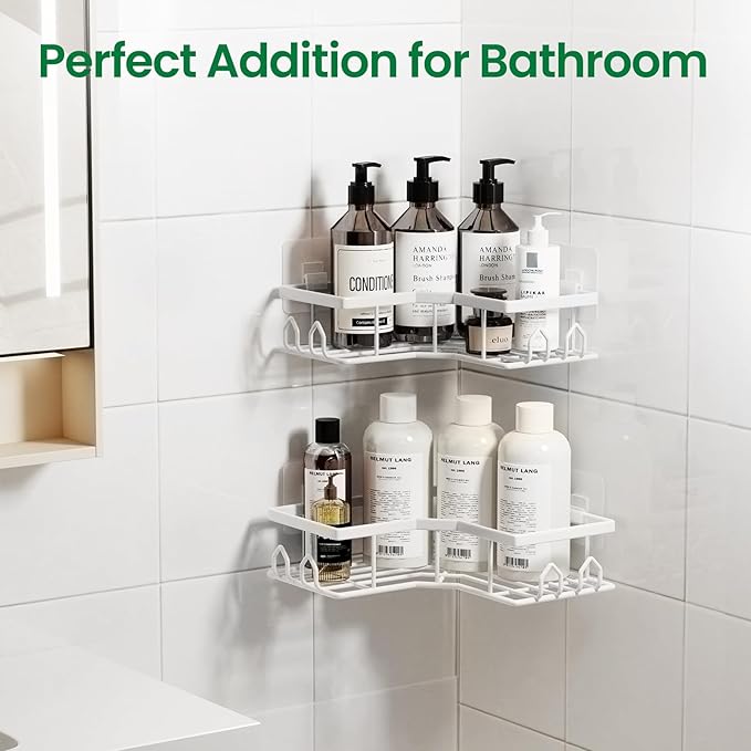 Adhesive Shower Caddy, 2 Pack Corner Bath Organizer, Rustproof Stainless Steel Shower Shelves with Large Capacity, No Drilling Shelves for Bathroom Storage, Home, Kitchen Décor (White).