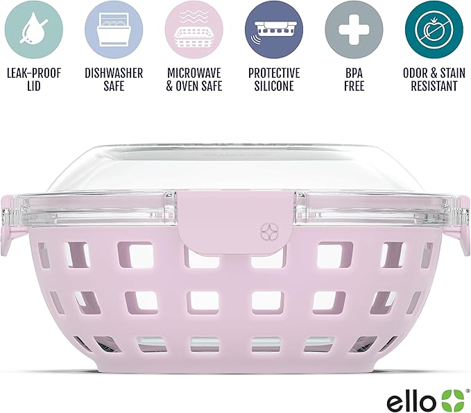 Ello Duraglass Meal Prep Container- Glass Food Storage Container with Silicone Sleeve and Airtight BPA-Free Plastic Lid, Dishwasher, Microwave, and Freezer Safe