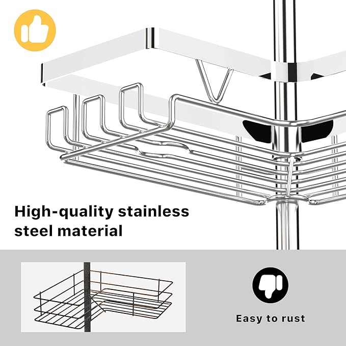 KEGII Corner Shower Caddy Tension Pole - Chrome 4-Tier Adjustable Shower Tension Rod Organizer with Hooks & Soap Holders, 25-114.2 Inch Stainless Steel Shower Storage Rack for Renters & Family