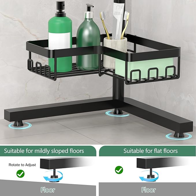 Floor Corner Shower Caddy, 3-Tier Rustproof Shower Shelf Organizer with Hooks, Free-Standing Bathroom Storage Rack for Shampoo & Toiletries, Black