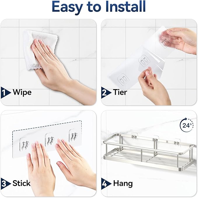 YASONIC Shower Caddy Adhesive, No Drill Bathroom Shower Organizers, with Removable Hooks, Rust Proof Shower Shelves, Wall-Mounted Shower Holder, 2 Pack Silver