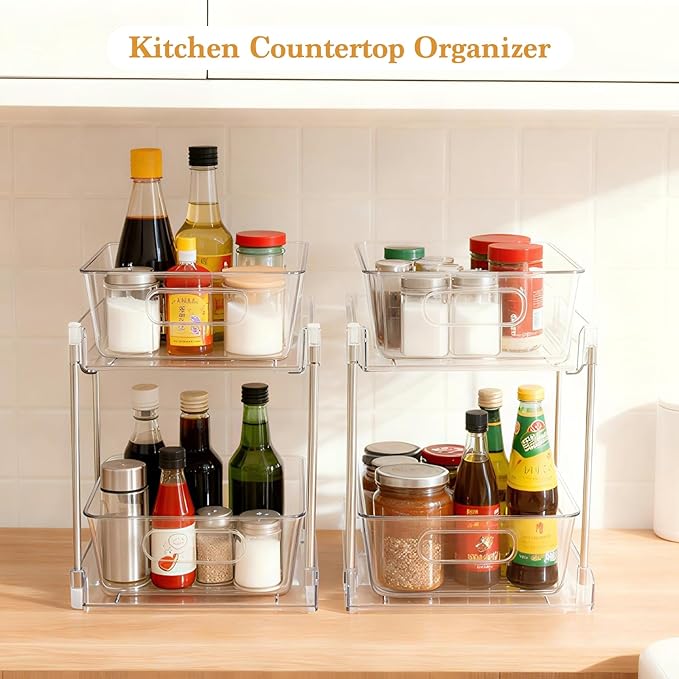4 Pack Bathroom Organizers and Storage, 2-Tier Clear Under Sink Organizer, Vanity Counter Storage, Medicine Cabinet Organization, Pull-Out Cabinet Organizer With Track For Bathroom, Kitchen, Pantry