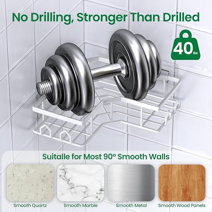 Adhesive Shower Caddy, 2 Pack Corner Bath Organizer, Rustproof Stainless Steel Shower Shelves with Large Capacity, No Drilling Shelves for Bathroom Storage, Home, Kitchen Décor (White).
