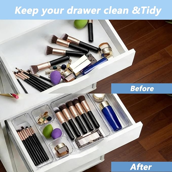 15PCS Clear Drawer Organizer Set, 4 Sizes Desk Drawer Divider Organizers Storage Bins for Bathroom,Kitchen,Office,Vanity Organizers Tray for Jewelry, Makeup, Junk, Gadgets