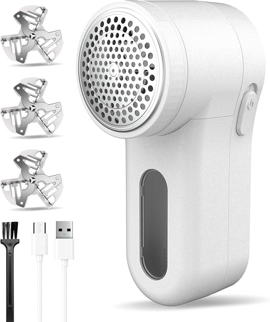 Fabric Shaver, Lint Remover Rechargeable, Electric Portable Sweater Defuzzer Digital LED Display to Remove Pilling for Clothes, Furniture, Sweater, (White with Three Shaver Blades)