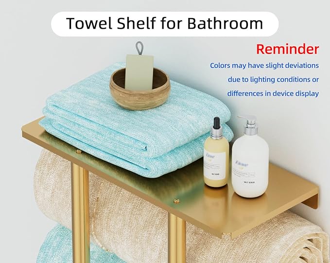 Towel Rack with Metal Shelf and 3 Hooks, Bethom Towel Racks for Bathroom Wall Mounted, Metal Gold Bath Towel Holder Storage Wall for Small Bathroom