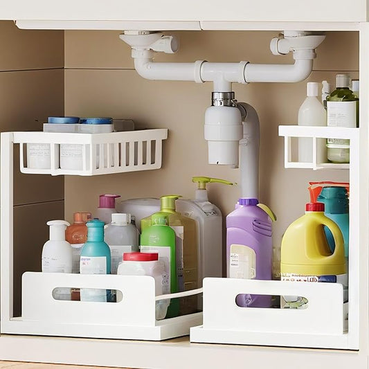 VUSIGN 2 Tier Under Sink Organizer, Slide Out Pull Out Cabinet Organizer, Cabinet Kitchen Bathroom Storage Organization Shelf, 2 Pack, White