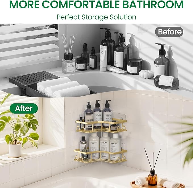 Adhesive Shower Caddy, 2 Pack Corner Bath Organizer, Rustproof Stainless Steel Shower Shelves with Large Capacity, No Drilling Shelves for Bathroom Storage, Home, Kitchen Decor (Gold).