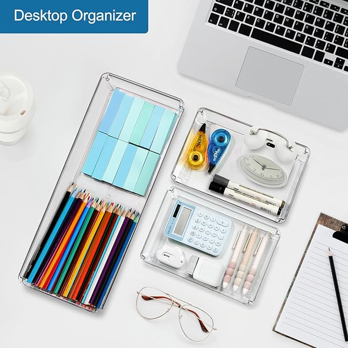 9 PCS Clear Plastic Drawer Organizer Sets for Vanity Organizer, 3 Sizes Versatile Make-up Organizer Trays, Stackable Storage Bins for Kitchen, Cabinet, Bathroom, Office, Laundry Room Organizing