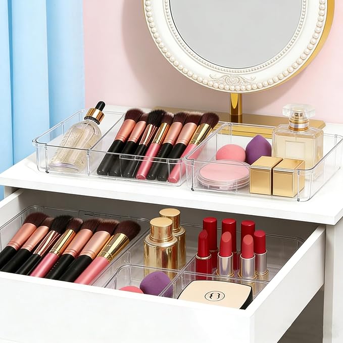 15PCS Clear Drawer Organizer Set, 4 Sizes Desk Drawer Divider Organizers Storage Bins for Bathroom,Kitchen,Office,Vanity Organizers Tray for Jewelry, Makeup, Junk, Gadgets