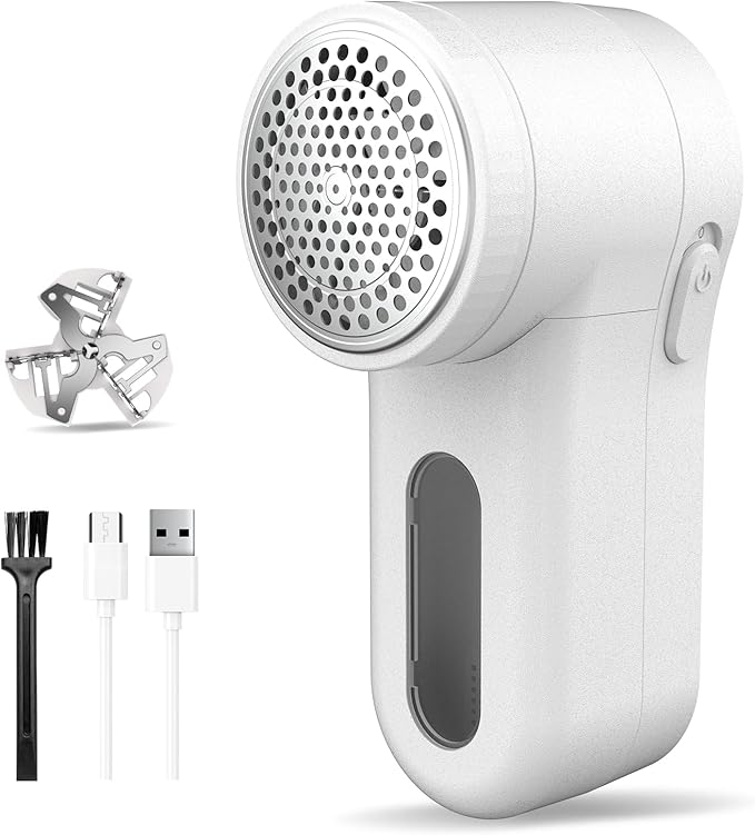 Fabric Shaver, Lint Remover Rechargeable, Electric Portable Sweater Defuzzer Digital LED Display to Remove Pilling for Clothes, Furniture, Sweater, (White with one Shaver Blades)