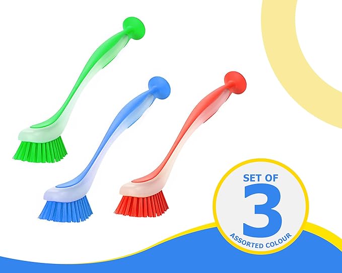 Zuvo Plastic Long Handled Scrubbing Suction Cup, Durable Bristles,Dish Washing Brush.Washing Up Kitchen Brush, Assorted Colour, 5 X 21 X 5 cm-Pack of 3