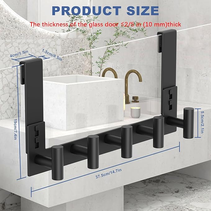 WUIVIUT Over The Shower Wall Hook, Towel Racks for Glass Shower Door, Heavy Duty Rack Bathroom Hooks for Robe, Coat (5 Hook, Fits 3/8'' Thick)