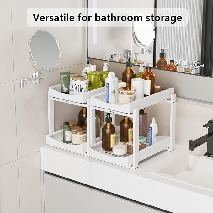 Bamboo Under Sink Organizer Adjustable Height 2 Tier Bathroom Organizer Pull Out Cabinet Storage Kitchen Heave Duty Wood Slide Ou Shelf for Kitchen Bathroom (White, 2 Packs)