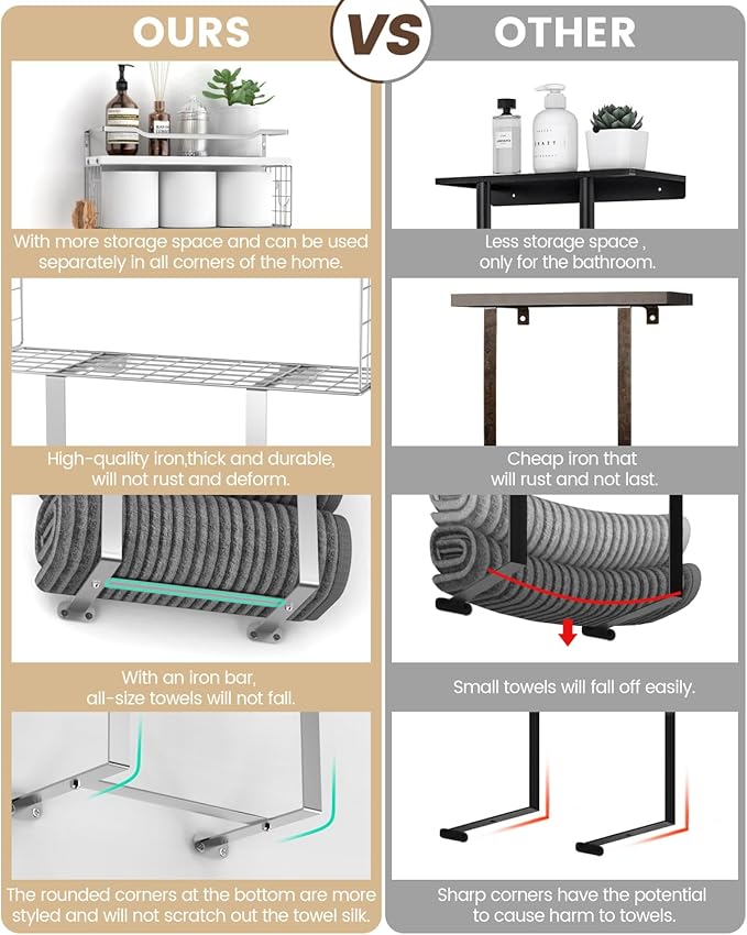 Towel Racks for Bathroom Wall Mounted - Bath Wall Towel Holder Set Above Toilet Storage, Rolled Towel Shelf Organizer for Small Bathroom, Wood Vertical Towel Rack for Bathroom Wall Decor Silver