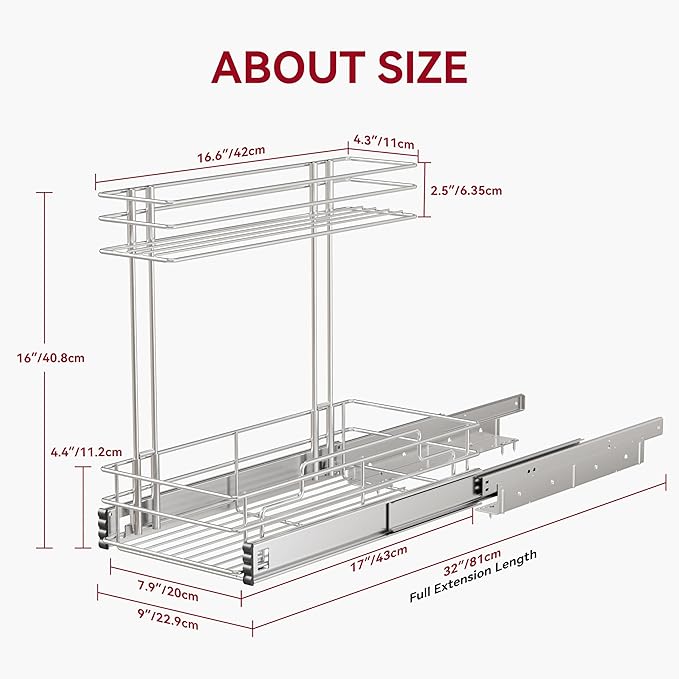 Under Sink Organizer 9" W X17 D, Pull Out Cabinet Organizer 2 Tier, Under Sink Slide Out Chrome Plated, Under Kitchen Bathroom Organizer, Pantry Cabinet Closet Organization Rack, 1 Pack