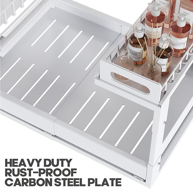 1 Pack Expandable Under Sink Organizers And Storage With Upgrade Ball-Bearing Slide Tracks,2-Tier Pull Out Under Cabinet Organizer Height Adjustable,Slide Out Under Sink Drawers-White(Patent Pending)
