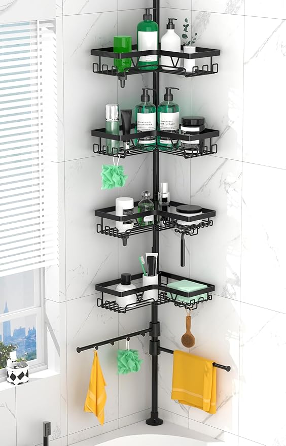 Shower Caddy Tension Pole Corner with 4 Removable Baskets & 2 Towel Bar - Expandable Shower Caddy Corner Adjustable 25-114.2 Inches Upgraded Bath Organizer for Tub(Stainless Steel, Black)