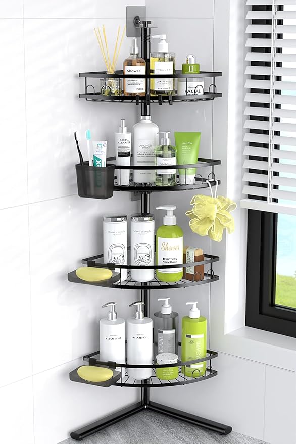 Corner Shower Caddy Standing: 4-tier Rustproof Shower Organizer Shelf - Floor Shower Corner Shelf Rack Stand for Bathroom Black