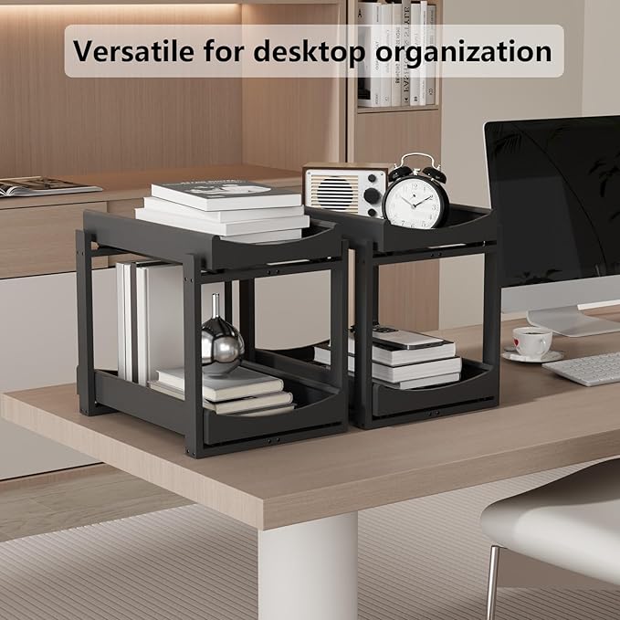 Bamboo Under Sink Organizer Adjustable Height 2 Tier Bathroom Organizer Pull Out Cabinet Storage Kitchen Heave Duty Wood Slide Ou Shelf for Kitchen Bathroom (Black, 2 Packs)