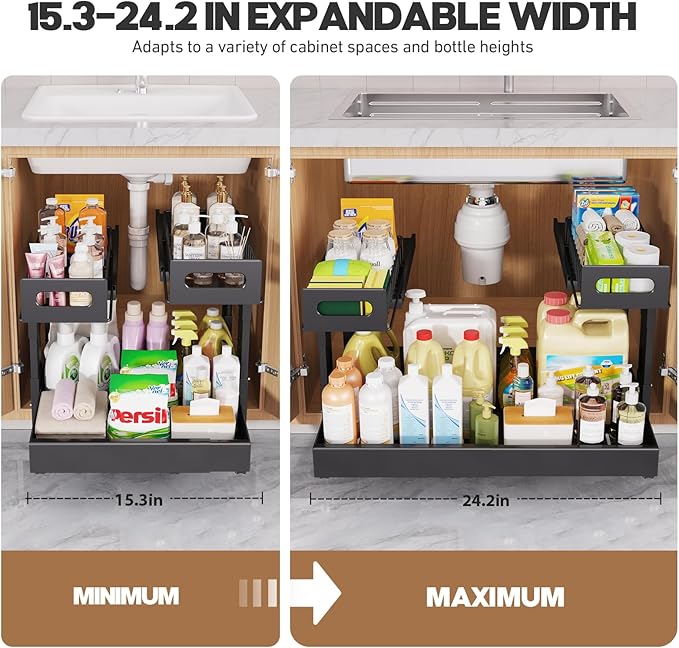 1 Pack Expandable Under Sink Organizers And Storage With Upgrade Ball-Bearing Slide Tracks,2-Tier Pull Out Under Cabinet Organizer Height Adjustable,Slide Out Under Sink Drawers-Black(Patent Pending) | Expandable, Under Sink, Pull Out, Height Adjustable