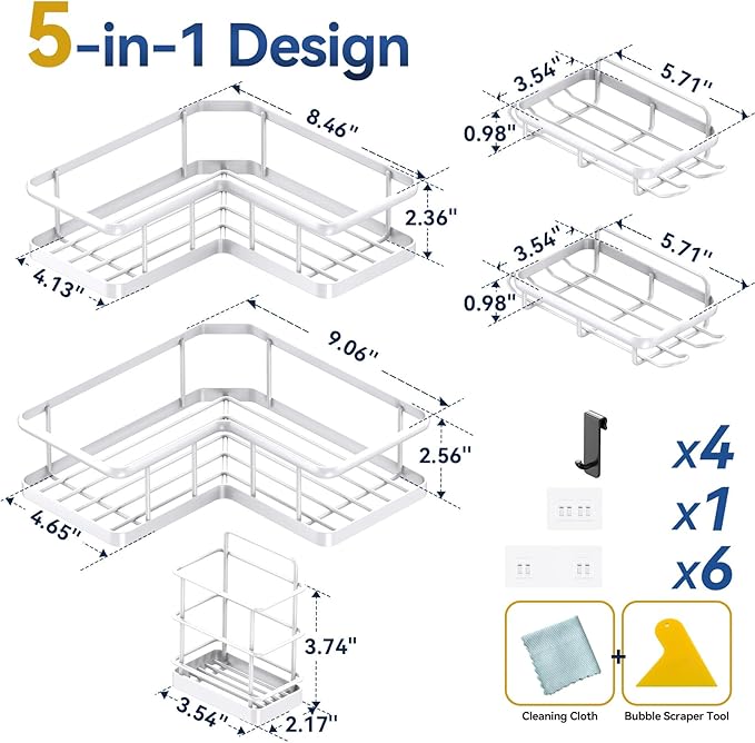YASONIC Corner Shower Caddy, 5-Pack Adhesive Rustproof Stainless Steel Shower Organizer with Soap Holder, No Drilling Shower Shelf for Inside Shower, Dorm, Renters, White