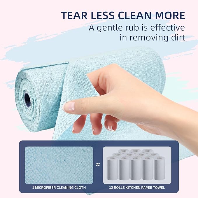 & PLUSH Microfiber Cleaning Cloth Roll - 100 Pack, Tear Away Microfiber Towels, 12" x 12", Reusable, Washable, Streak Free, Ultra Absorbent Dish Rags for Car, Home, Garage or Shop (Blue)